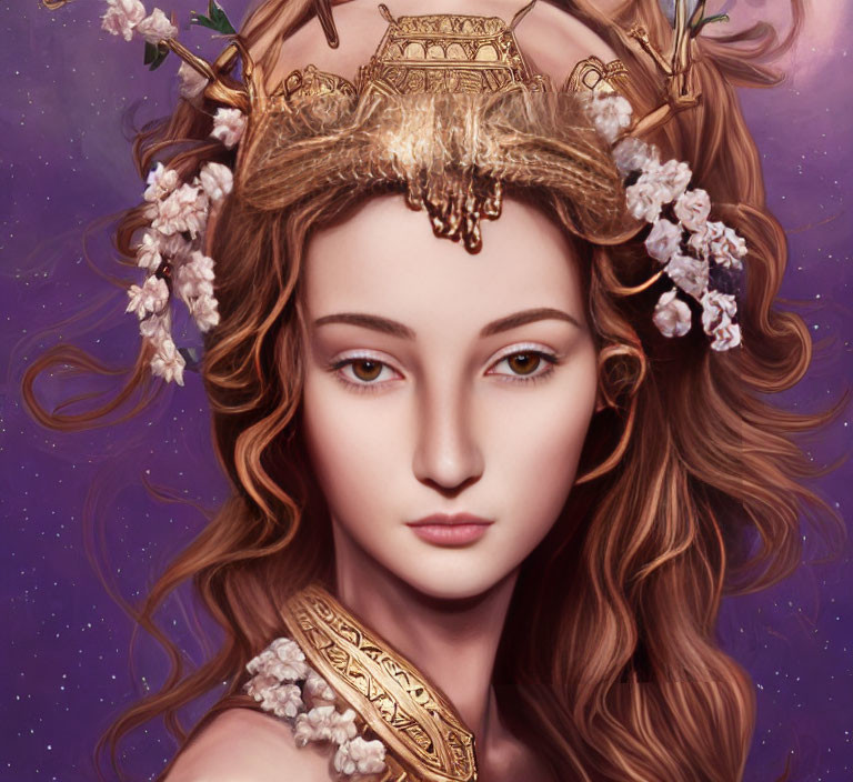 Digital artwork: Woman with golden crown, antlers, cherry blossoms, purple background