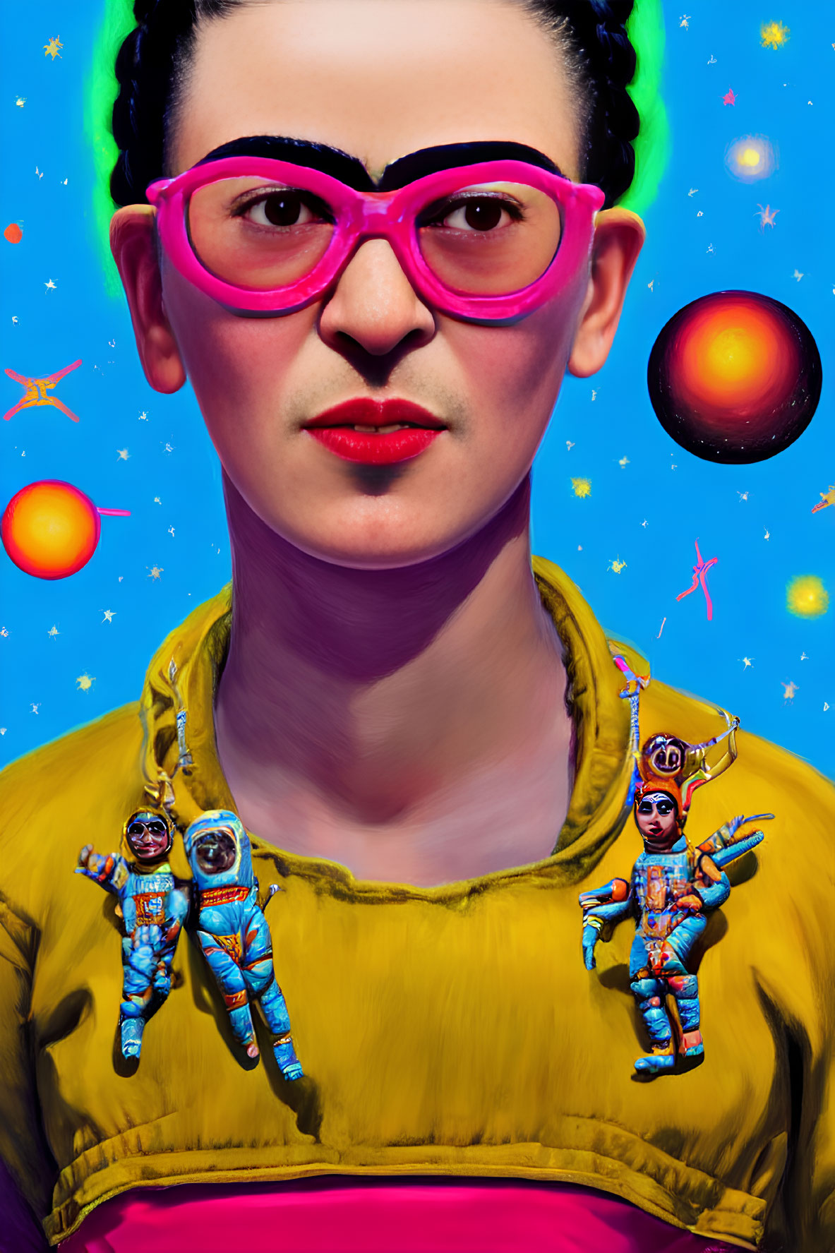 Vibrant digital artwork: stylized woman, pink glasses, astronauts, planets, blue background.