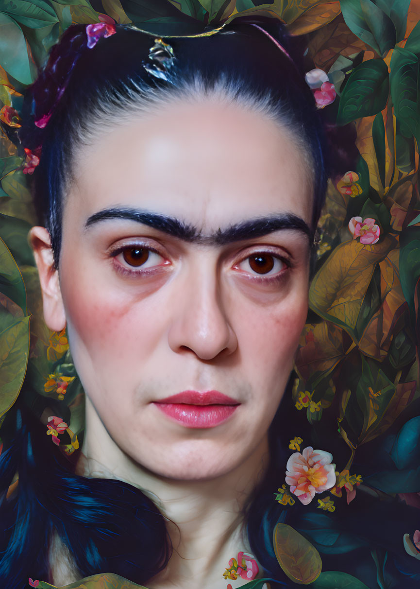 Digital portrait of woman with prominent eyebrows and braided hair against floral backdrop