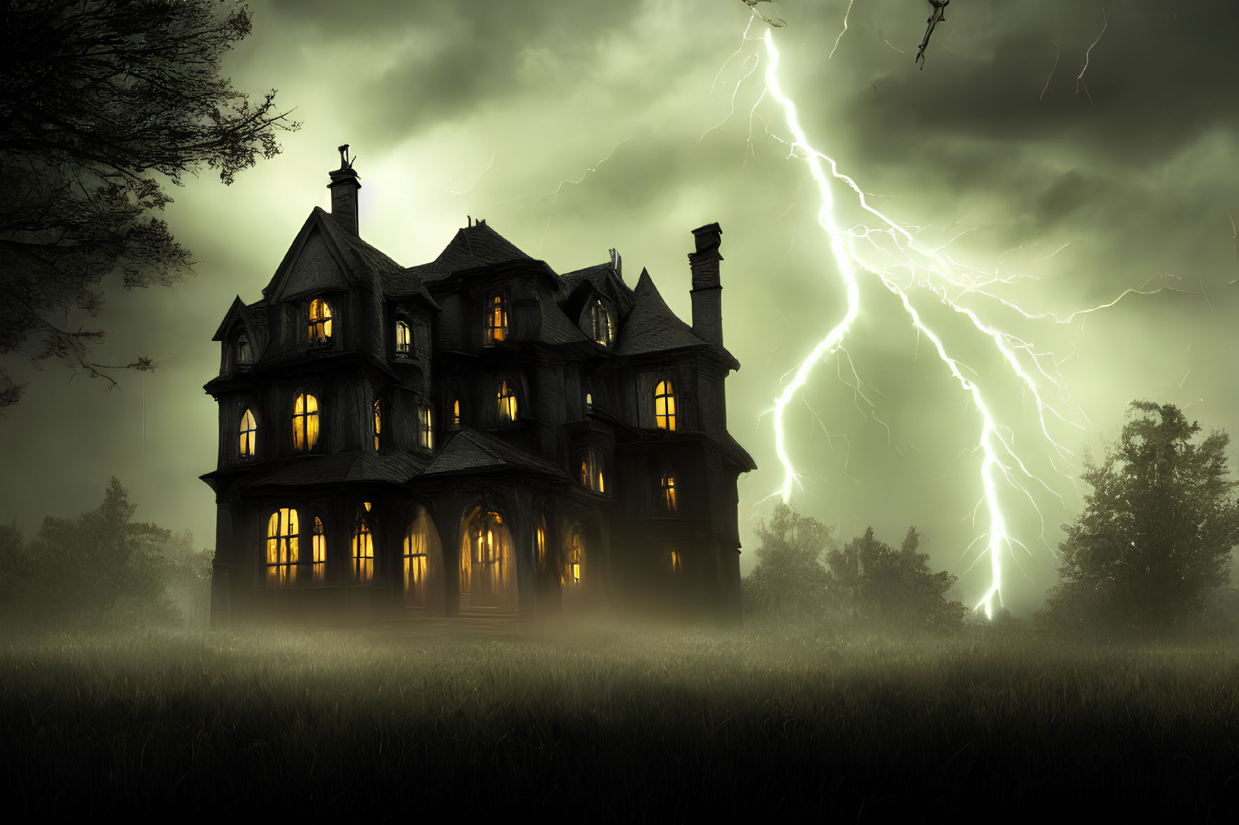 Spooky Victorian mansion in misty field under stormy sky