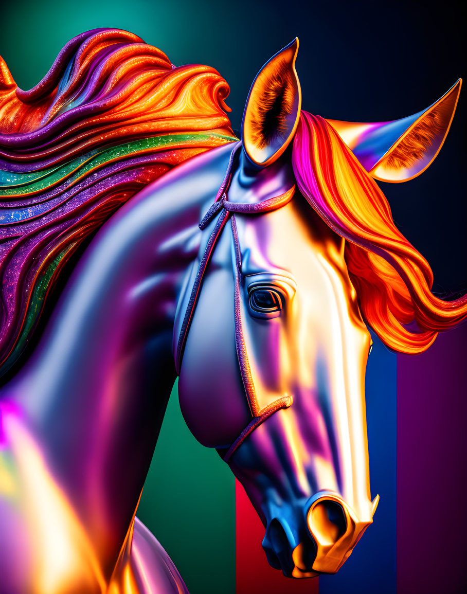 Vibrant digital artwork: stylized horse with flowing mane on colorful background