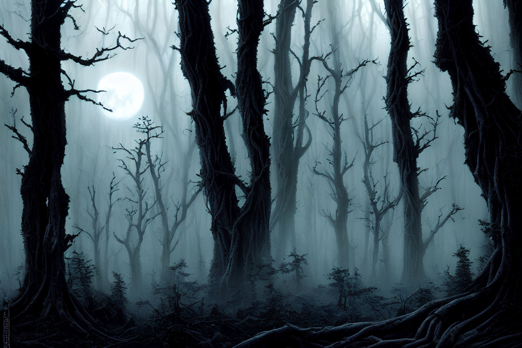 Misty moonlit forest with twisted, leafless trees and eerie shadows