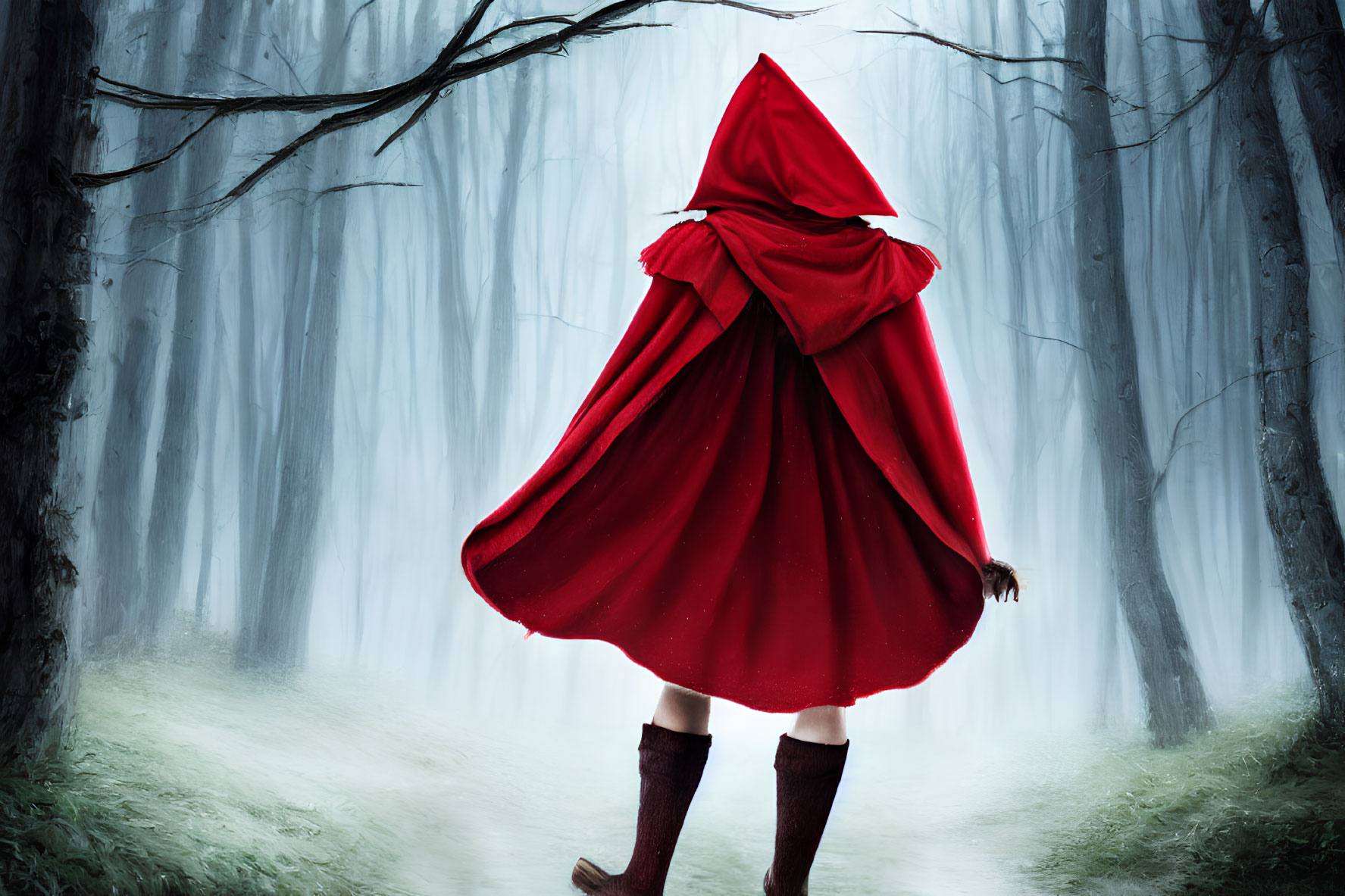 Mysterious figure in red cloak walking in misty forest