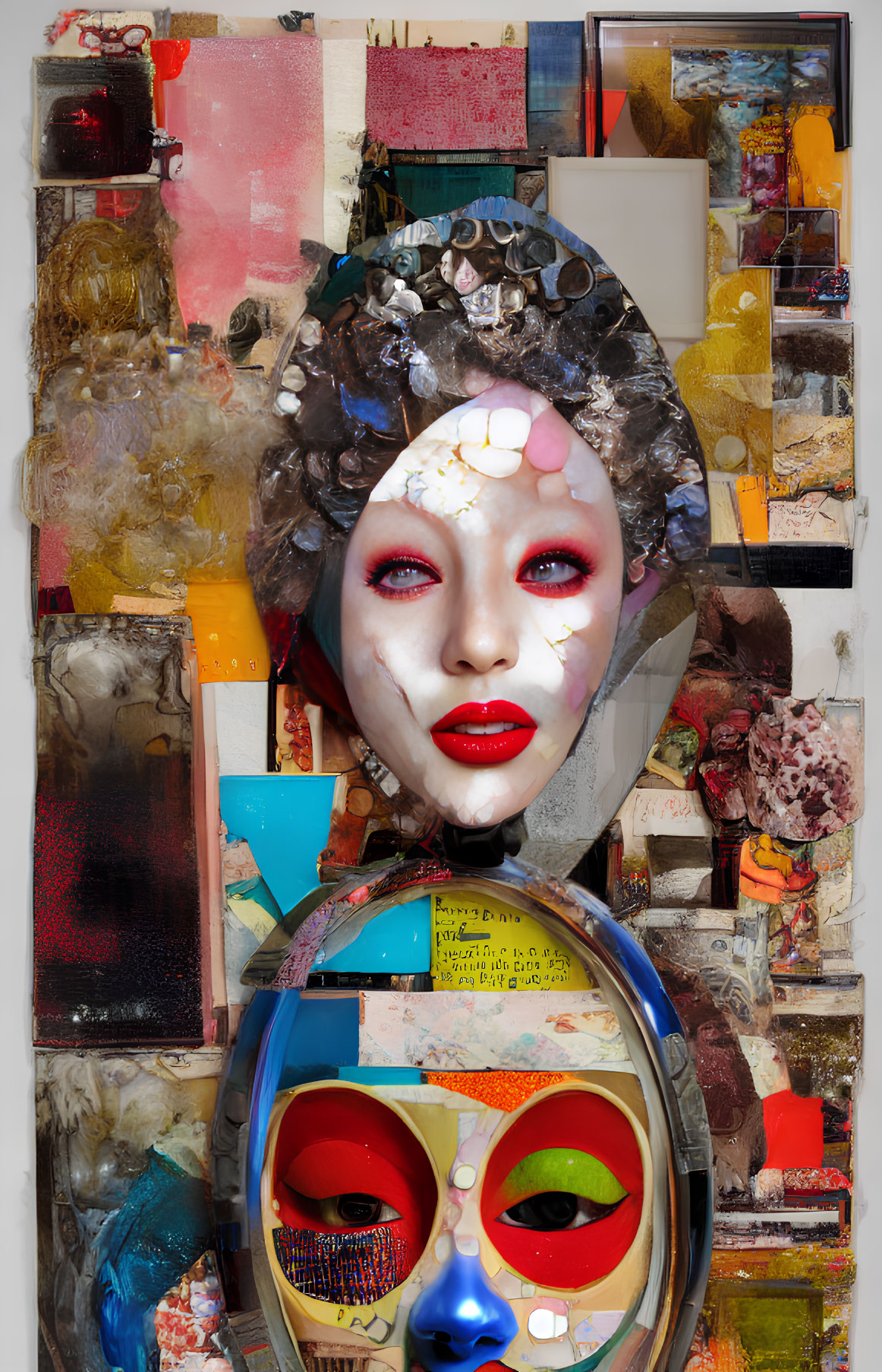 Colorful Abstract Collage with Stylized Faces & Mixed Media Art