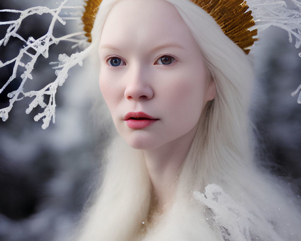 Pale-skinned person with white hair wearing a gold crown amidst frost-covered branches