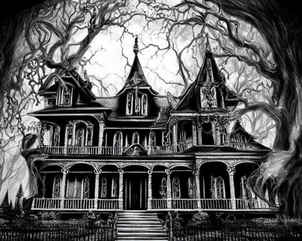 Gothic Victorian house illustration with twisted trees