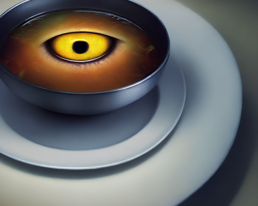 Vivid surreal artwork: yellow and orange eye in circular object