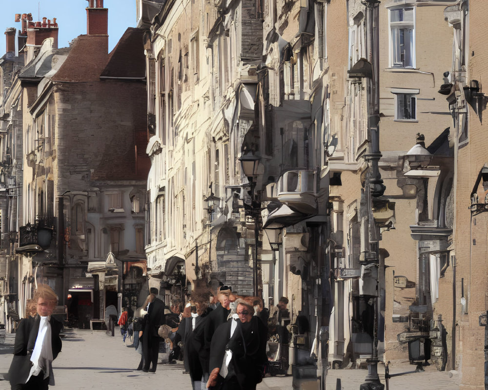 Formally Dressed Group Walking on Cobblestone Street with European Architecture