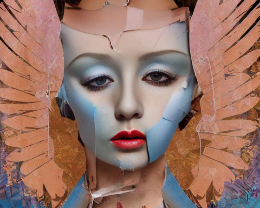 Surreal collage of fragmented female face with teardrops on floral background