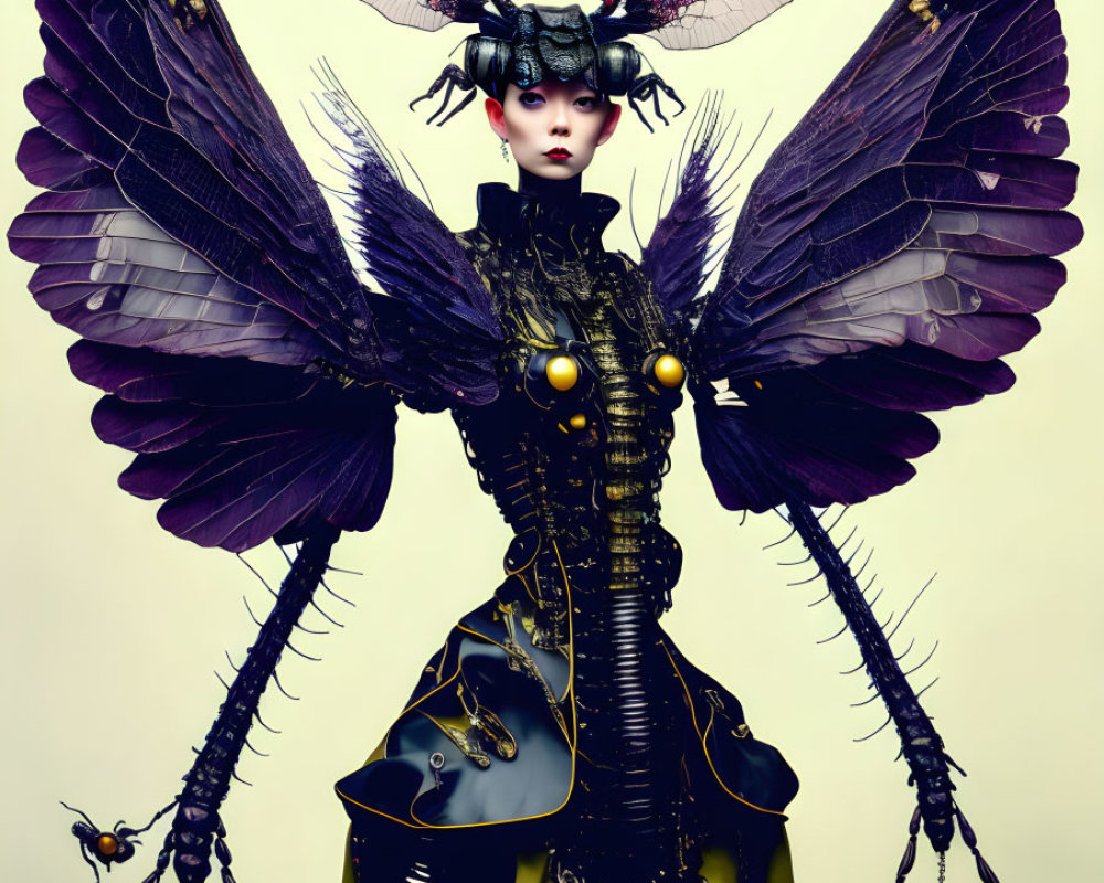 Elaborate Insect-Themed Costume with Purple Wings and Antennae