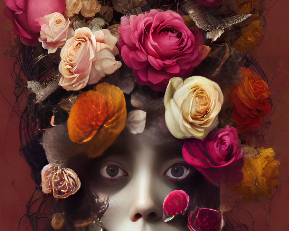 Vibrant floral textures in surreal woman portrait