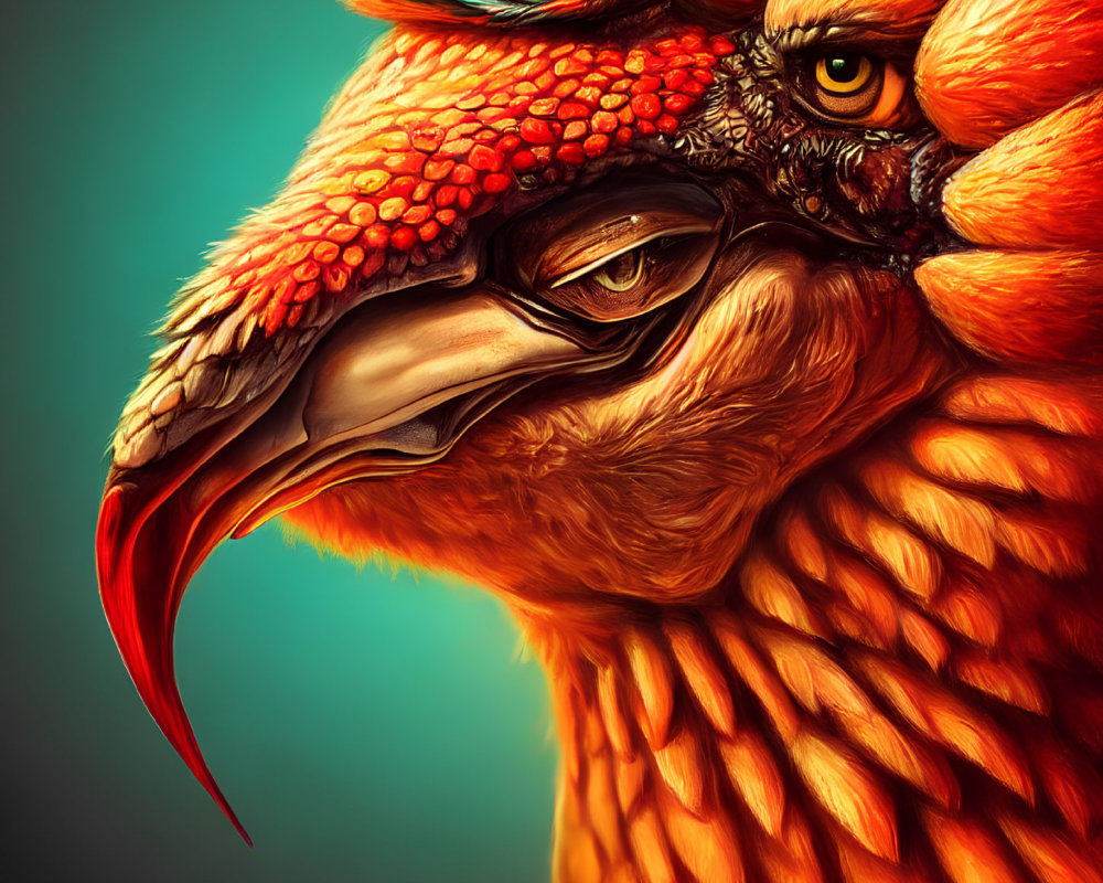 Detailed digital artwork of vibrant eagle with orange feathers & green eye