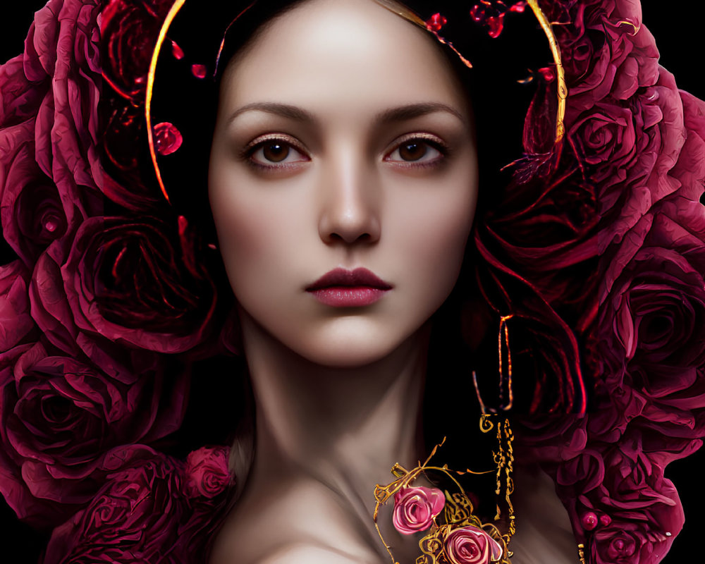 Serene woman with golden halo and rose jewelry among dark red roses