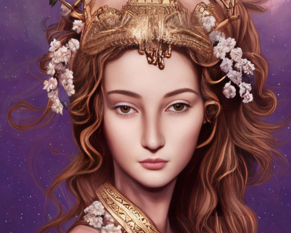 Digital artwork: Woman with golden crown, antlers, cherry blossoms, purple background