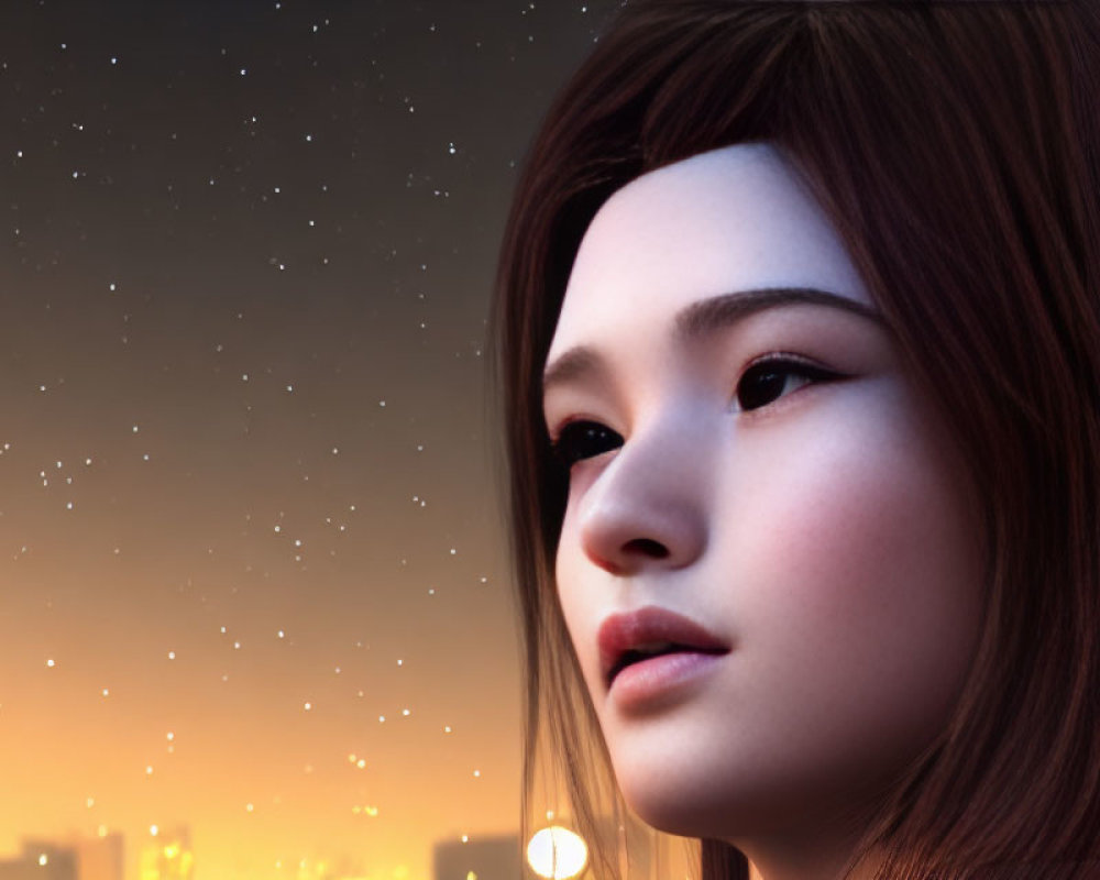 Detailed 3D-rendered female face with skin texture and soft hair against cityscape and twilight sky