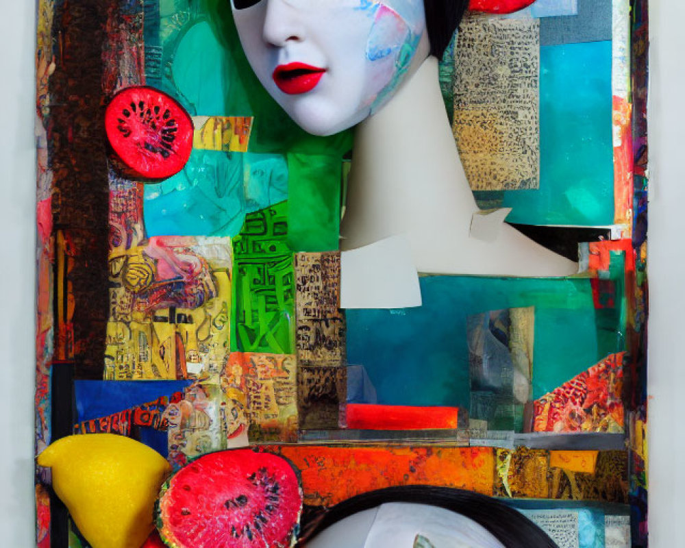 Vibrant collage of mannequin heads with masks and fruit slices