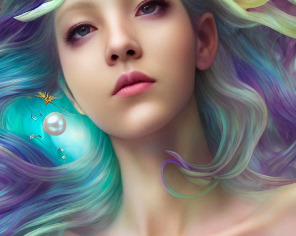 Portrait of woman with pastel hair and sea creature resting on shoulder