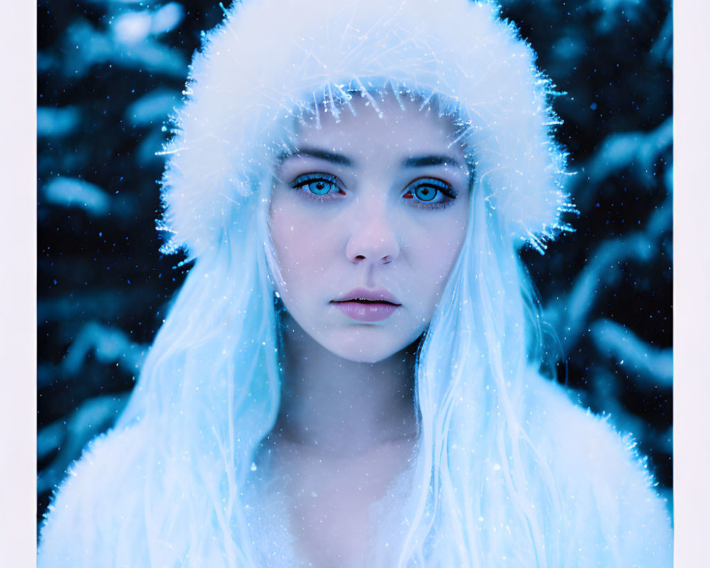 Person with blue eyes and white hair in snow-covered hood against wintery blue backdrop