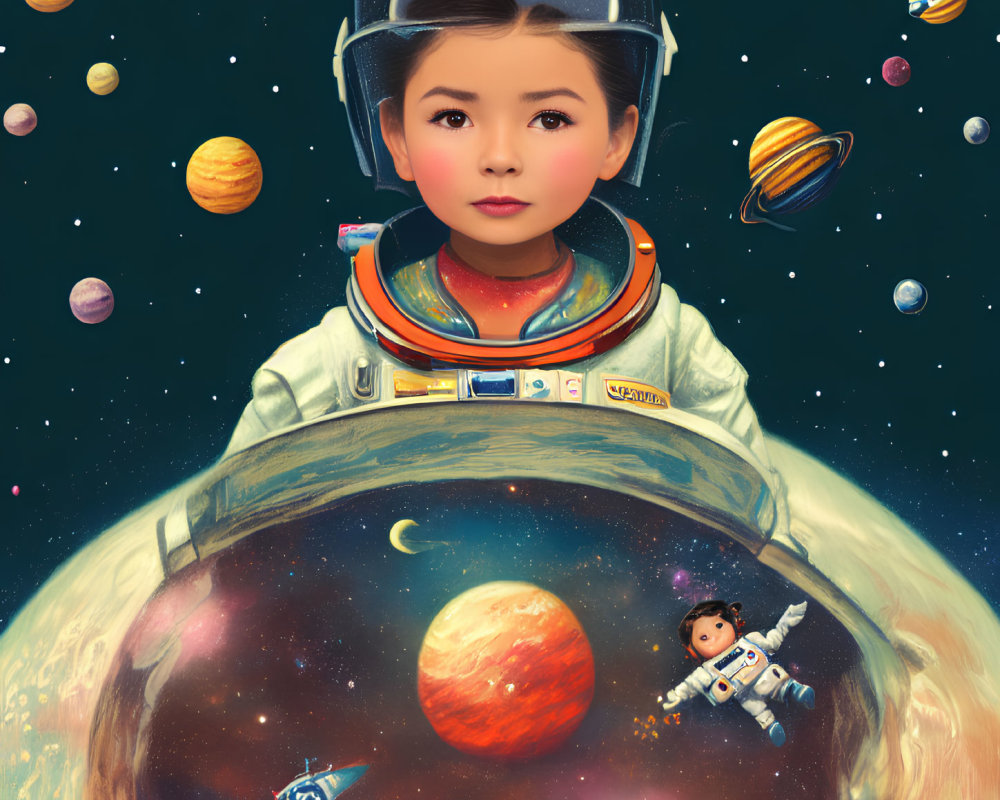 Child in astronaut suit with colorful planets reflection on visor in space scene