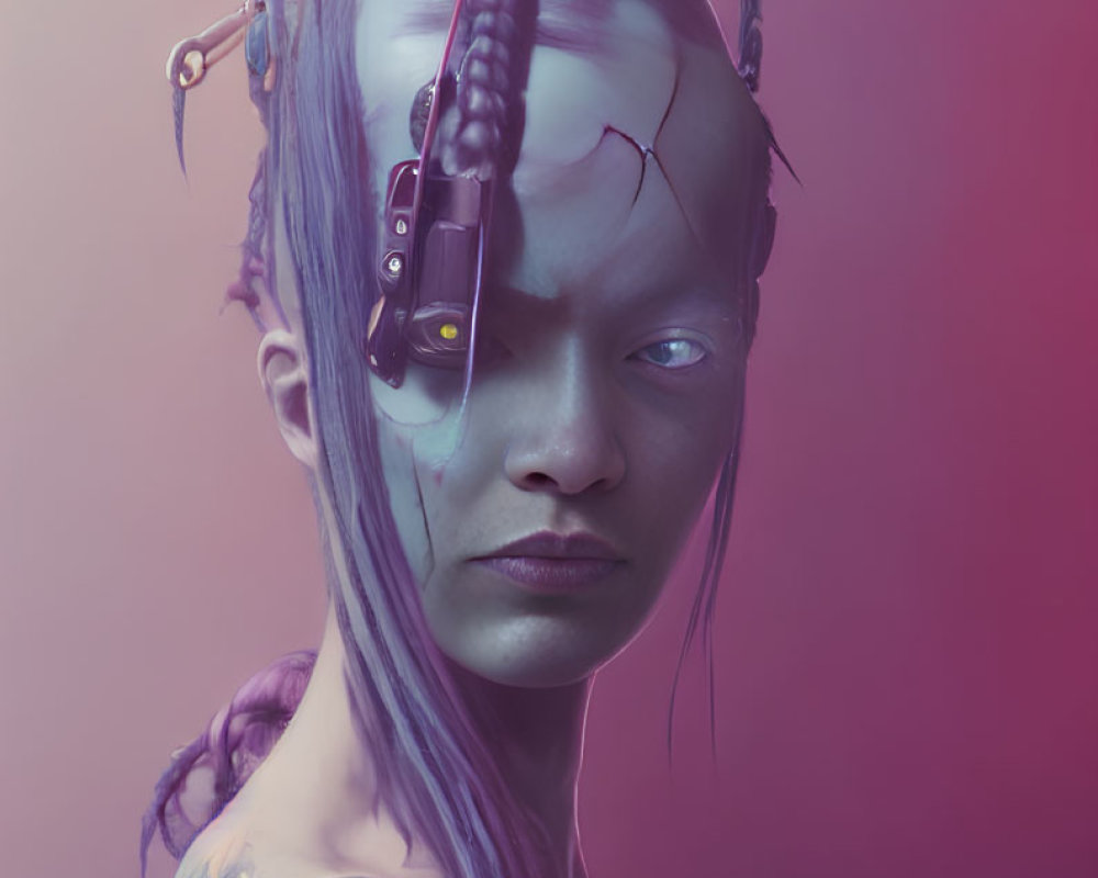 Female with Blue Skin and Cybernetic Enhancements on Purple Background