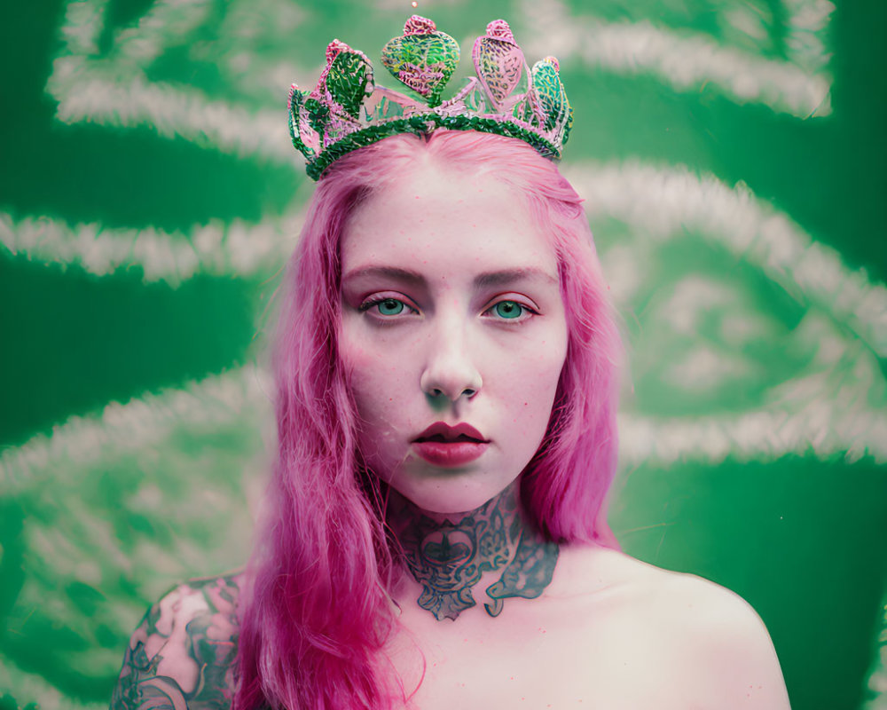 Pink-haired woman with green crown and tattoos on leafy green background