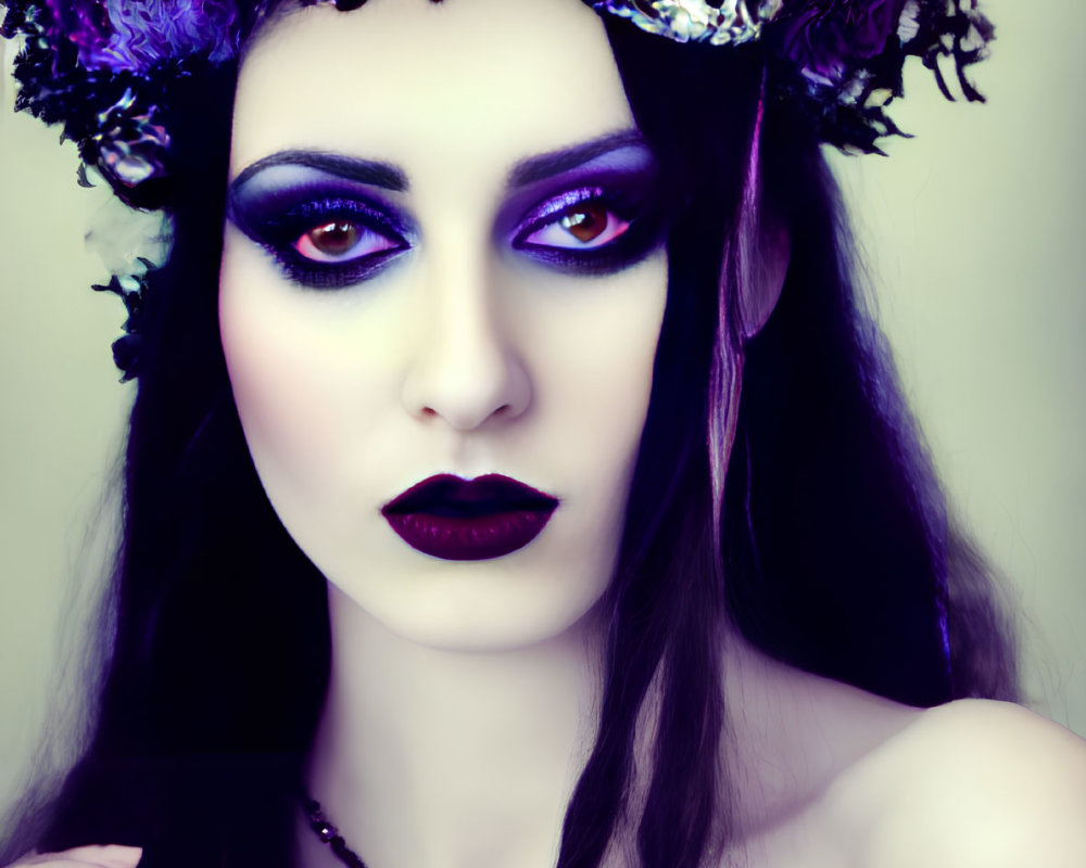 Dark Makeup Aesthetic with Purple Lipstick, Eye Shadow, and Floral Crown