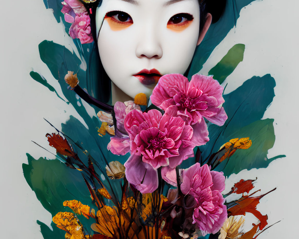 Geisha portrait with vibrant makeup and colorful brushstrokes