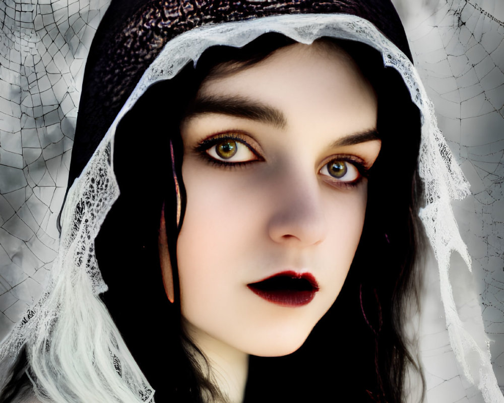 Person with Striking Green Eyes in Gothic Black and White Hooded Garment