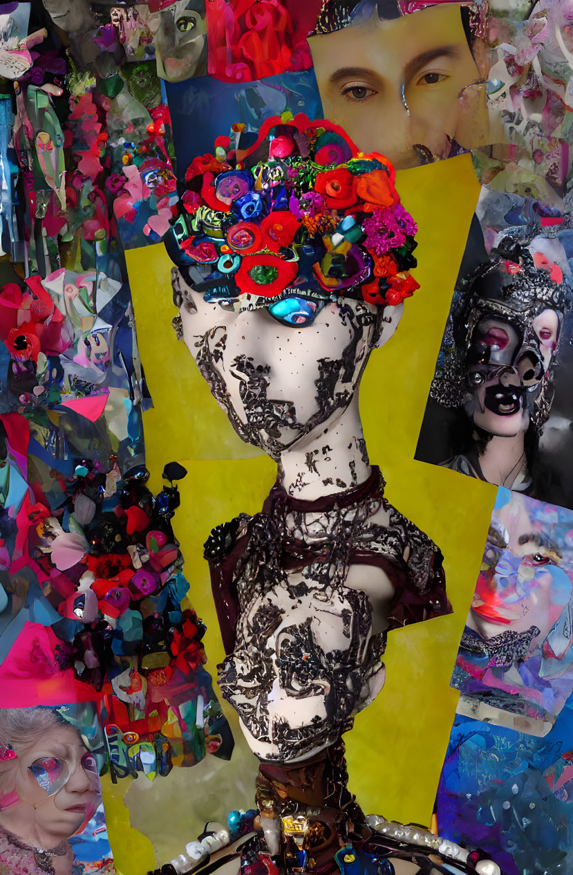 Colorful Collage Featuring Mannequin Head with Floral Headdress