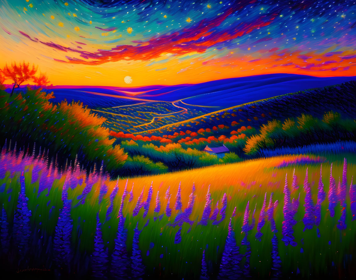 Twilight landscape painting with stars, hills, river & wildflowers