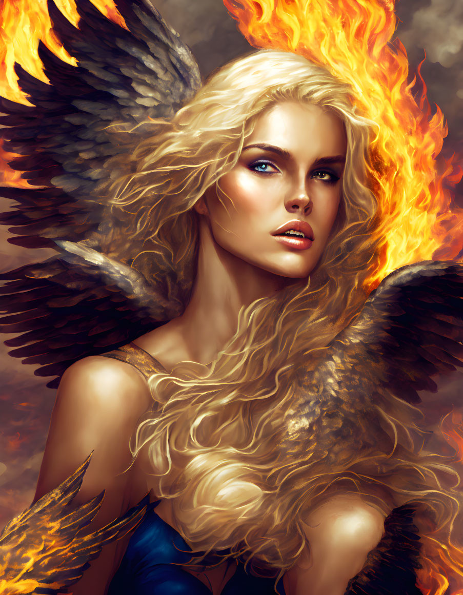 Fantastical female figure with fiery wings and hair ablaze and intense eyes.