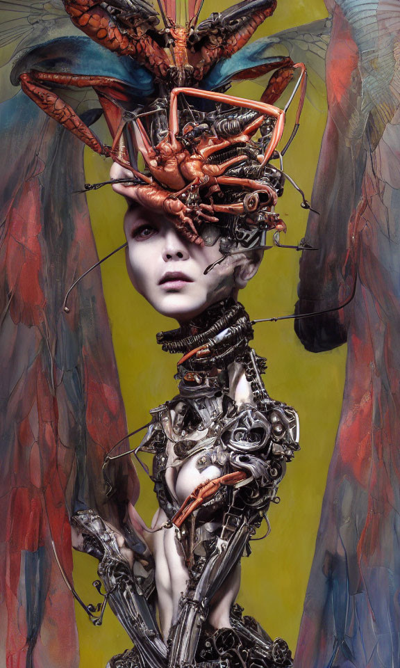 Artwork of person with pale skin, white eyes, and intricate mechanical headpiece and body.