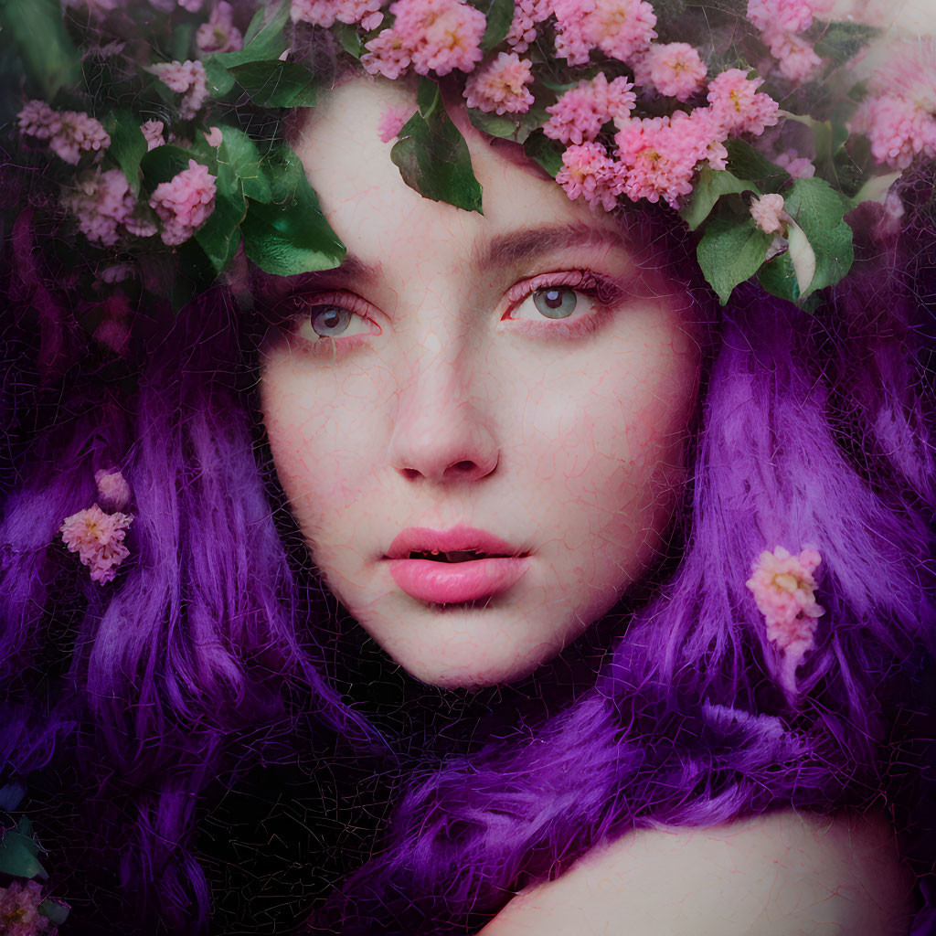 Woman with piercing blue eyes and purple hair wearing floral wreath and green leaves.