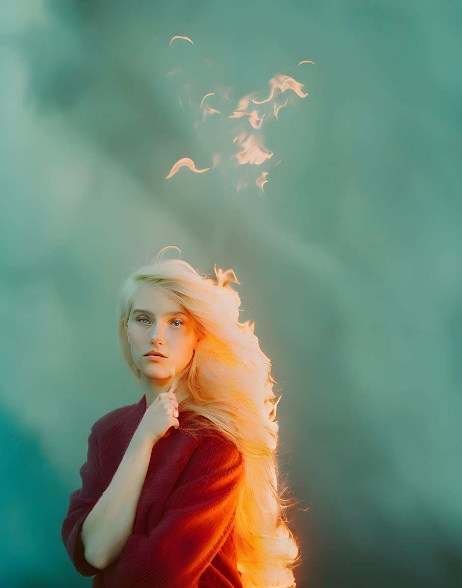 Blonde woman with ethereal glow and light figures on teal background