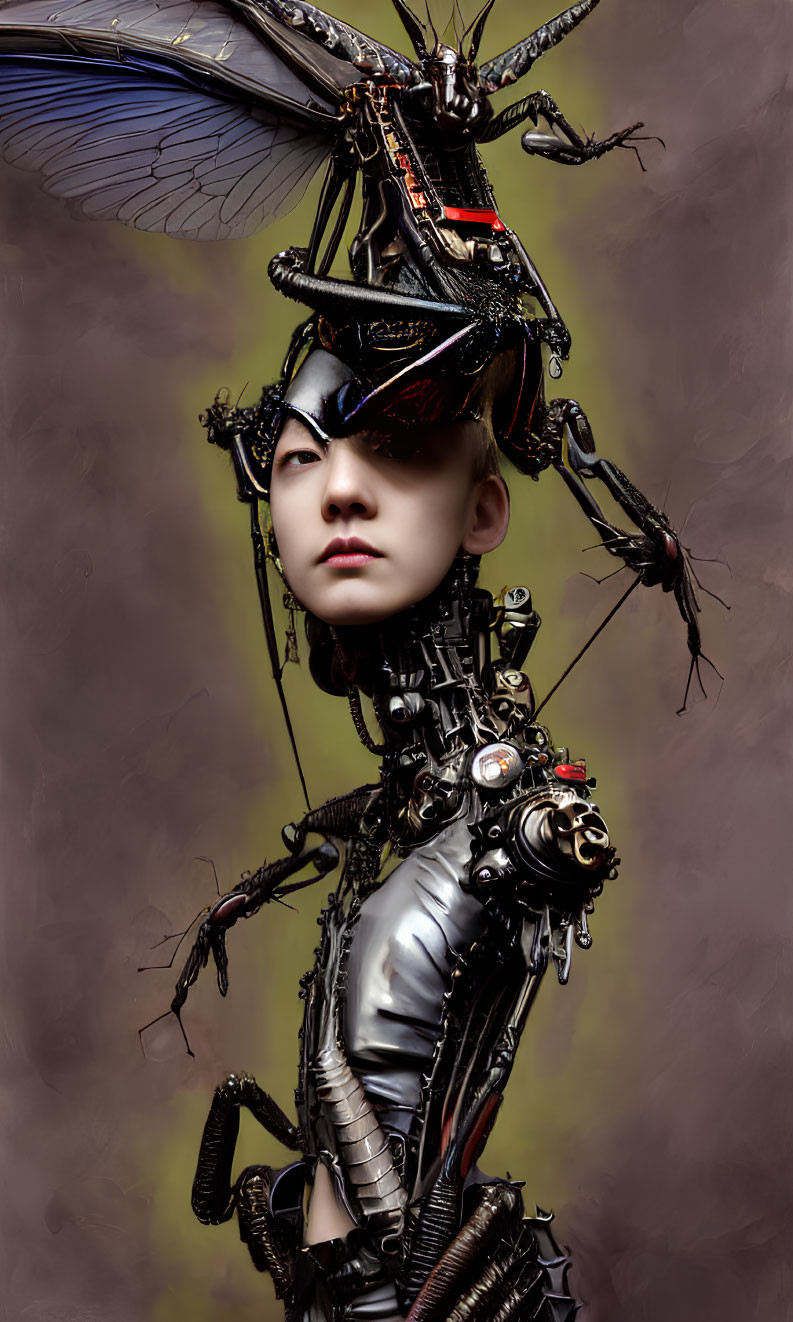 Digital Artwork: Humanoid Figure with Mechanical and Insect-Like Features