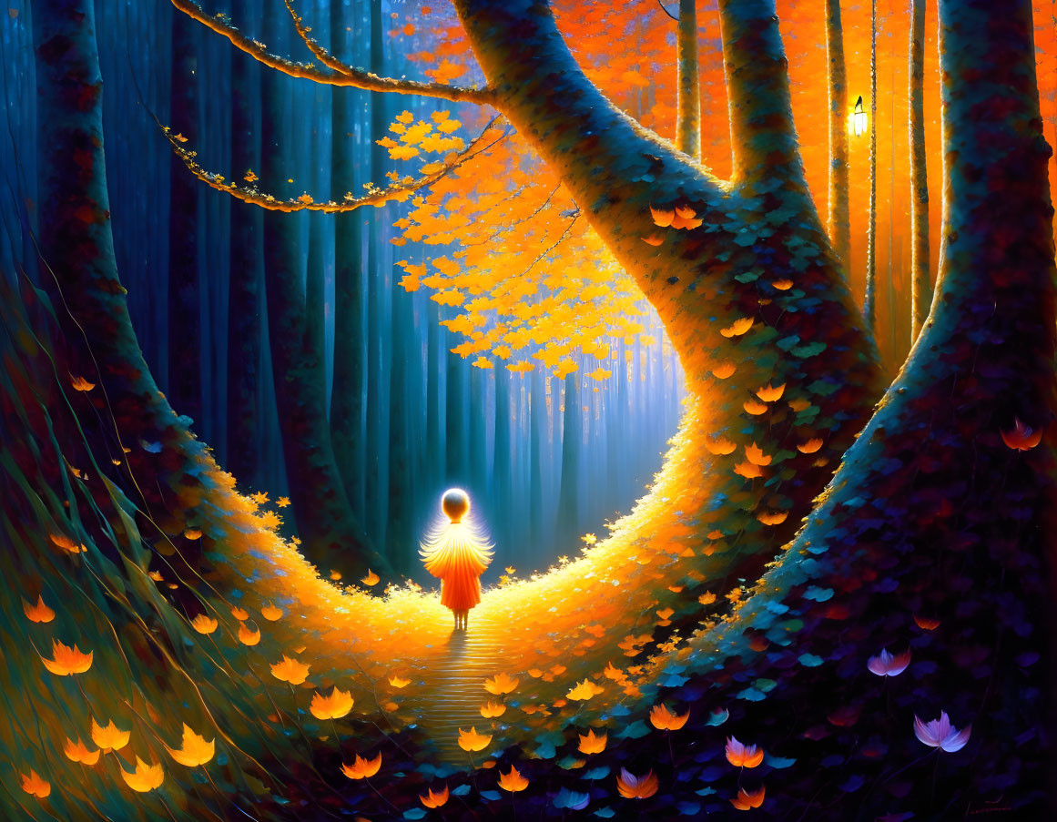 Mystical forest scene with solitary figure and luminous aura in warm light