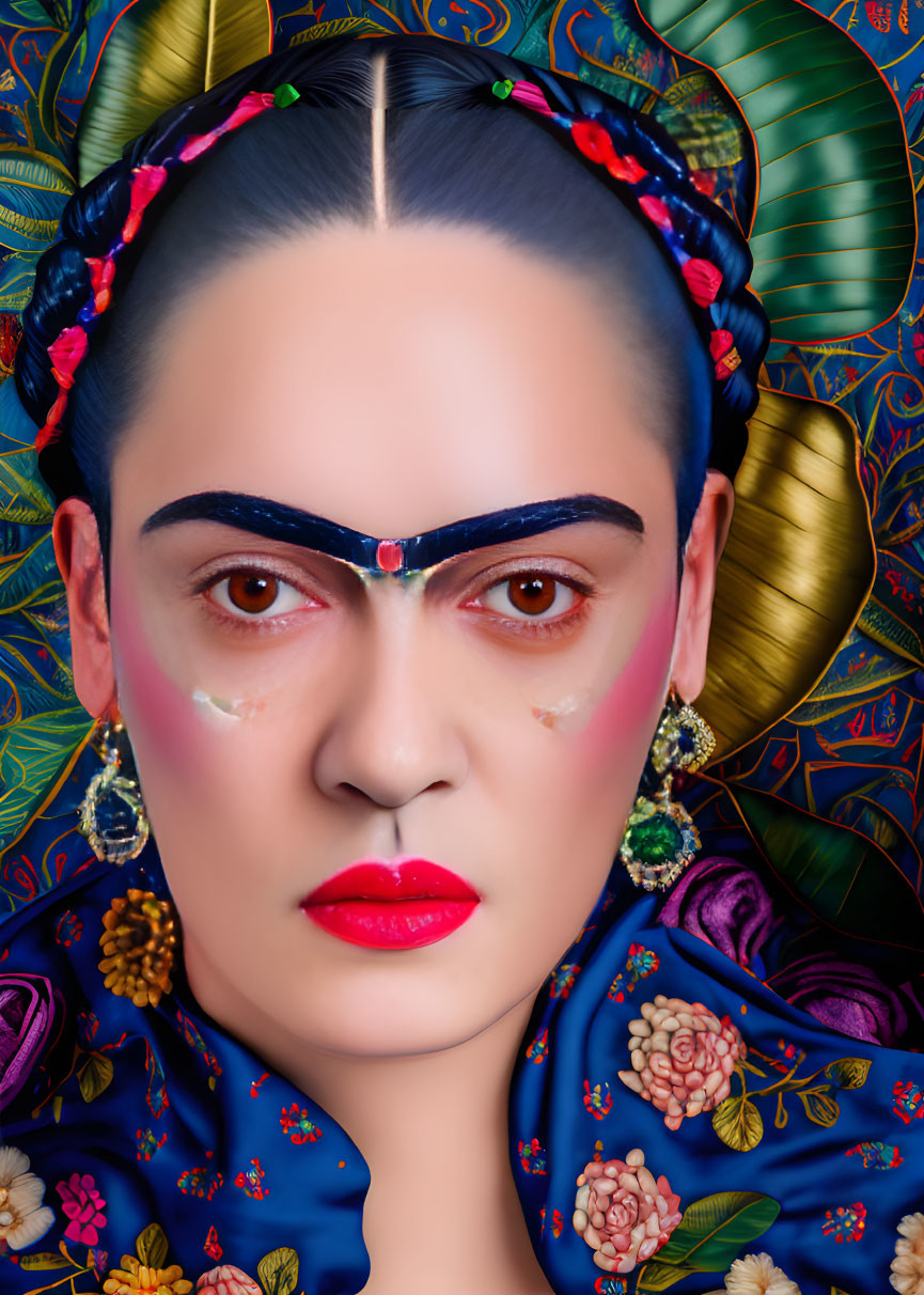 Colorful digital artwork featuring a woman with a unibrow and crown braid in blue attire with