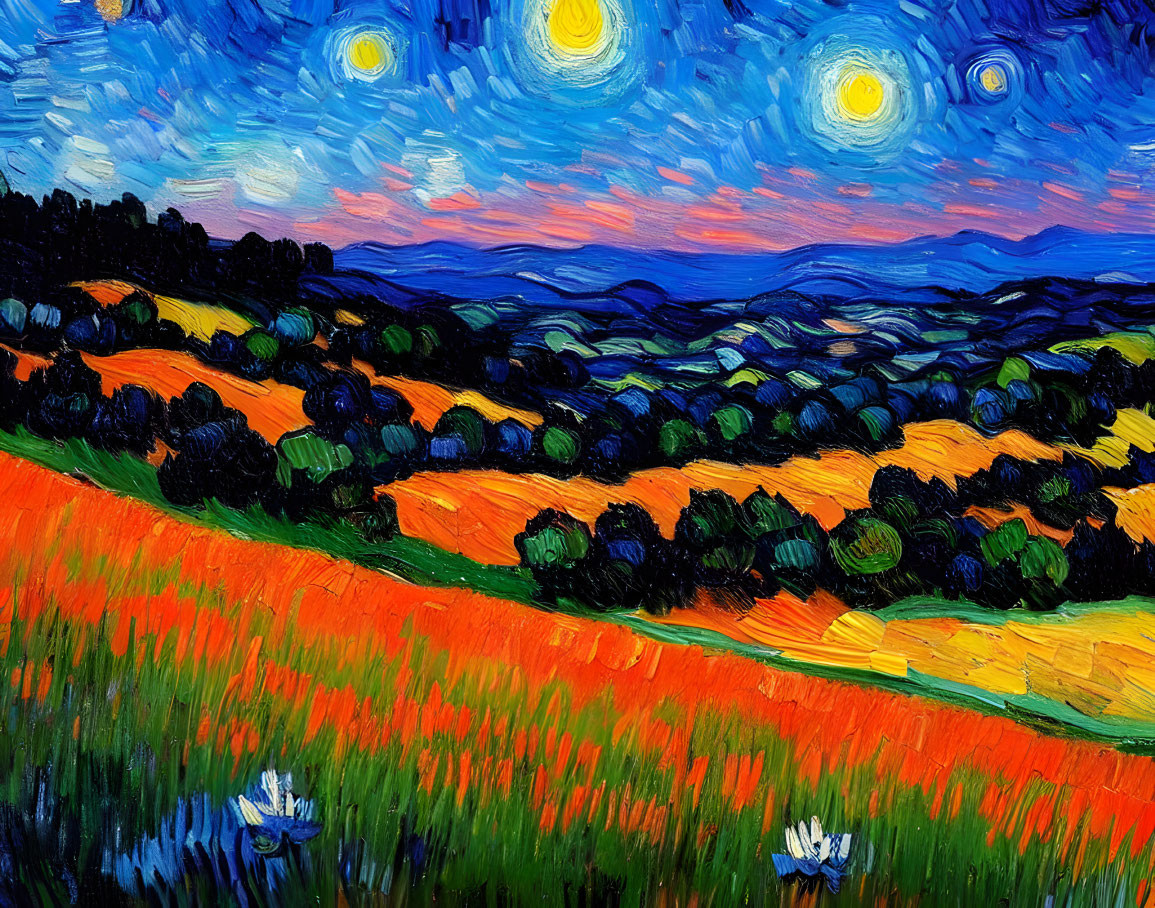 Colorful landscape painting with blue sky, yellow stars, green hills, and orange-red fields.