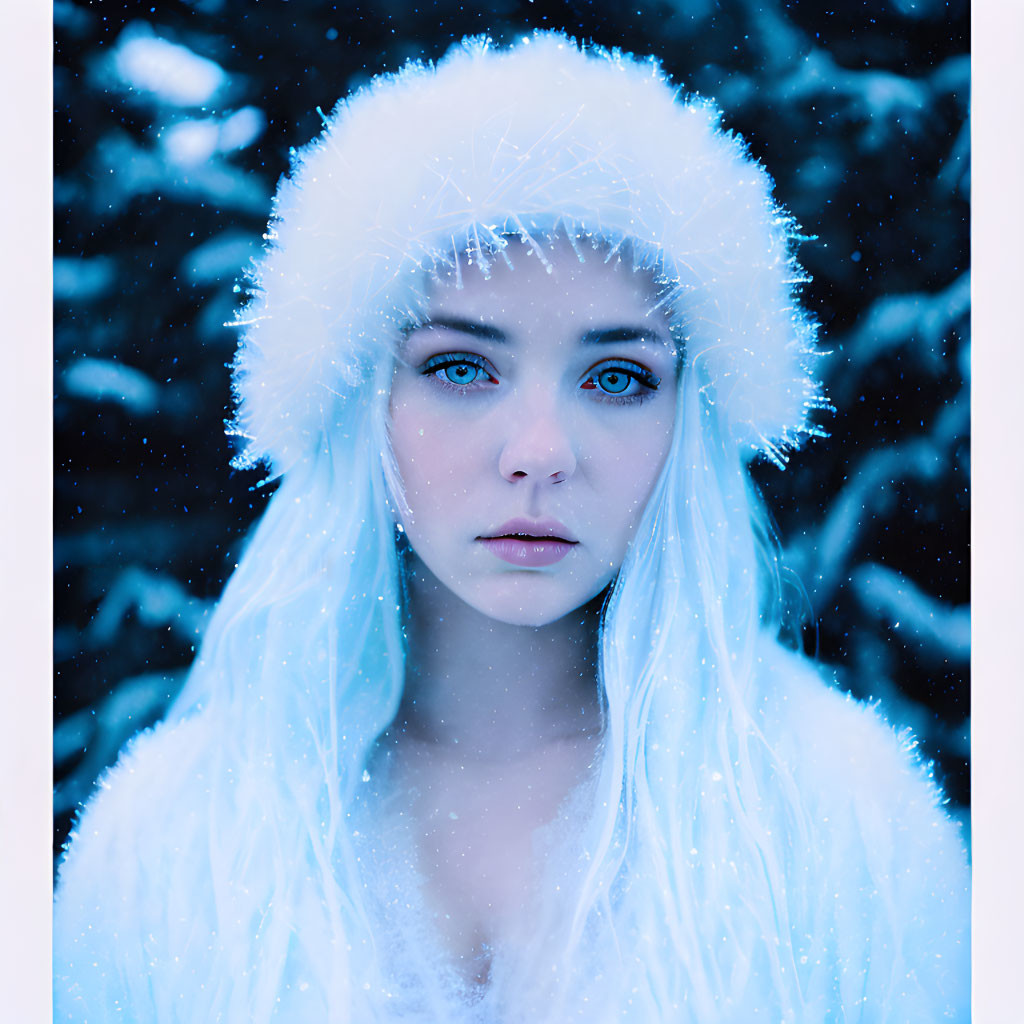 Person with blue eyes and white hair in snow-covered hood against wintery blue backdrop