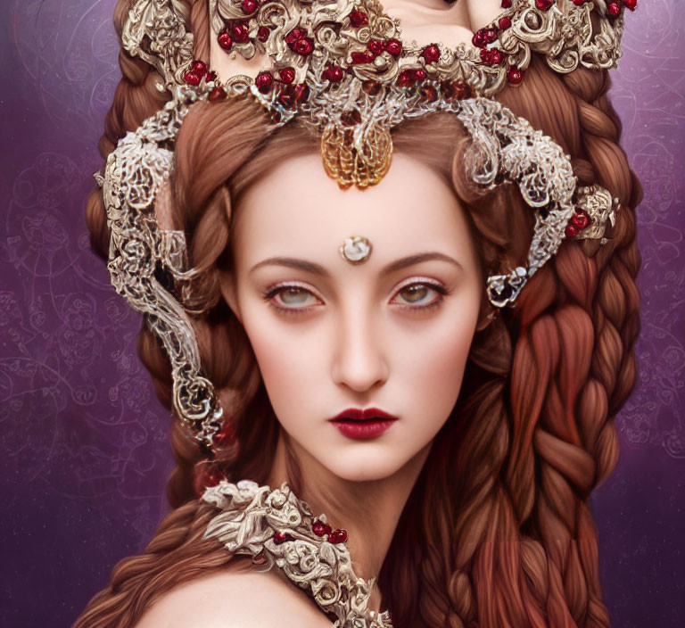 Digital illustration of woman with jewel-adorned headpieces and third eye.