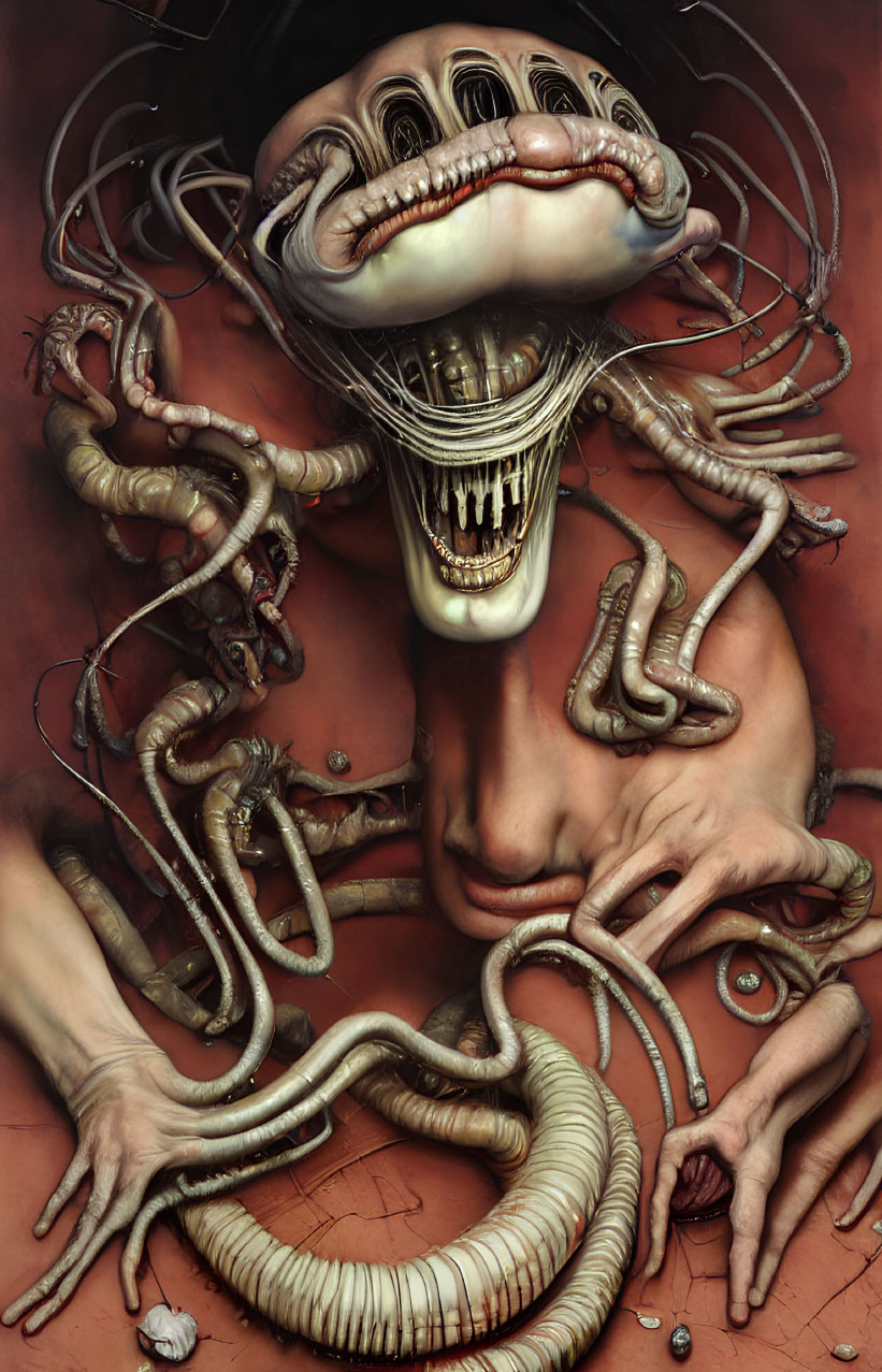 Surreal digital artwork: humanoid figure with exaggerated mouth & distorted features surrounded by worm-like tendrils