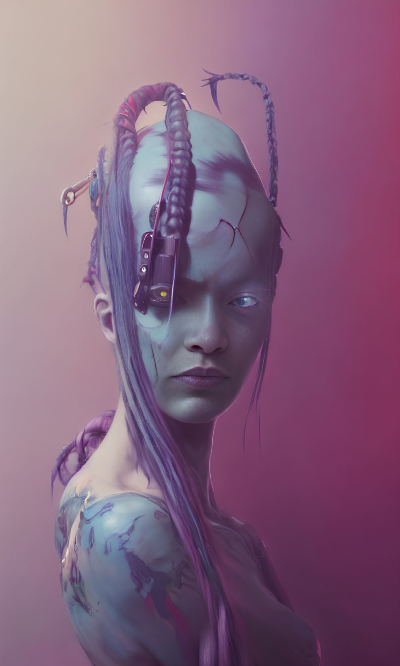 Female with Blue Skin and Cybernetic Enhancements on Purple Background