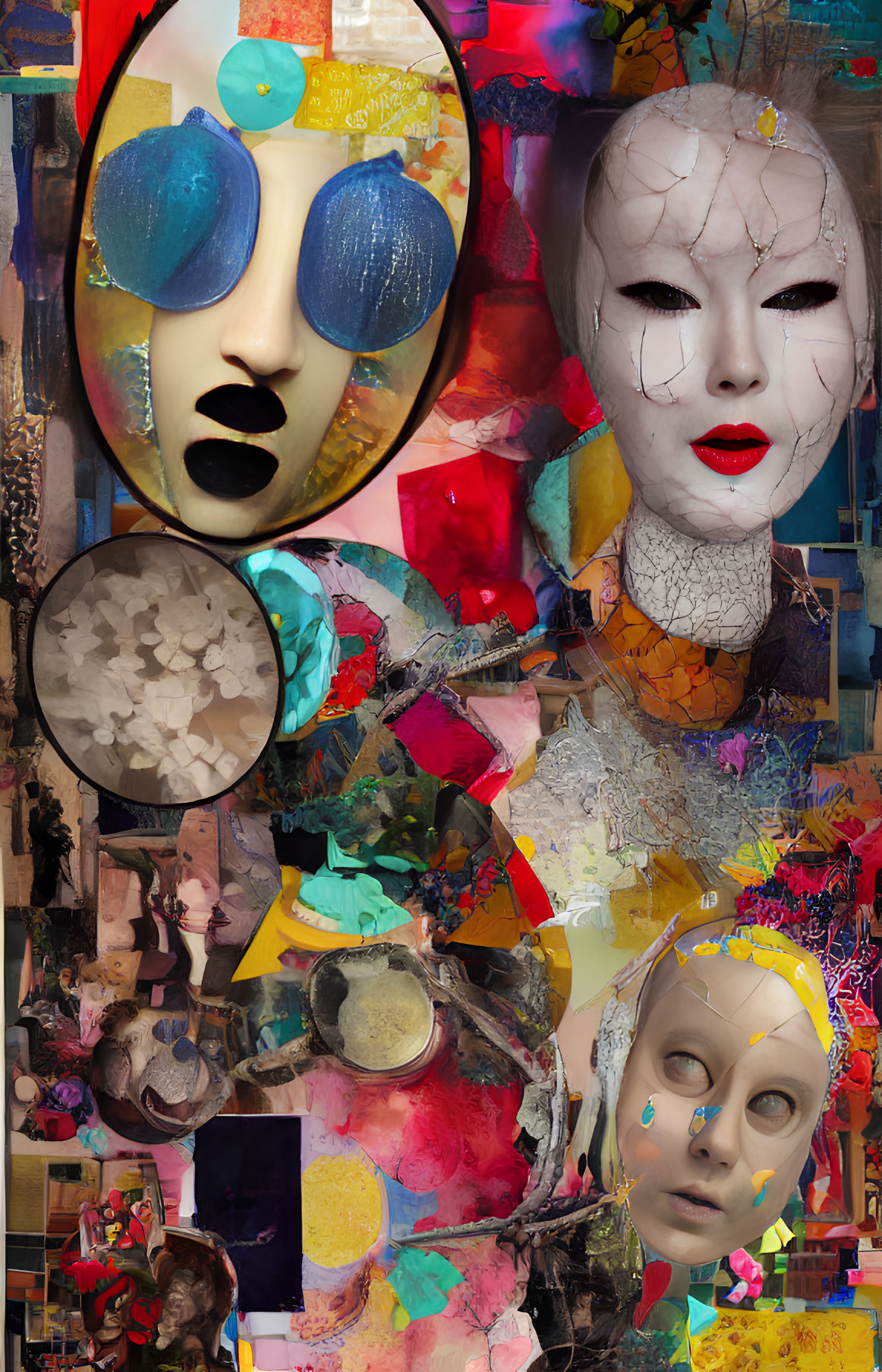 Colorful digital collage of three stylized faces with eclectic textures and abstract elements