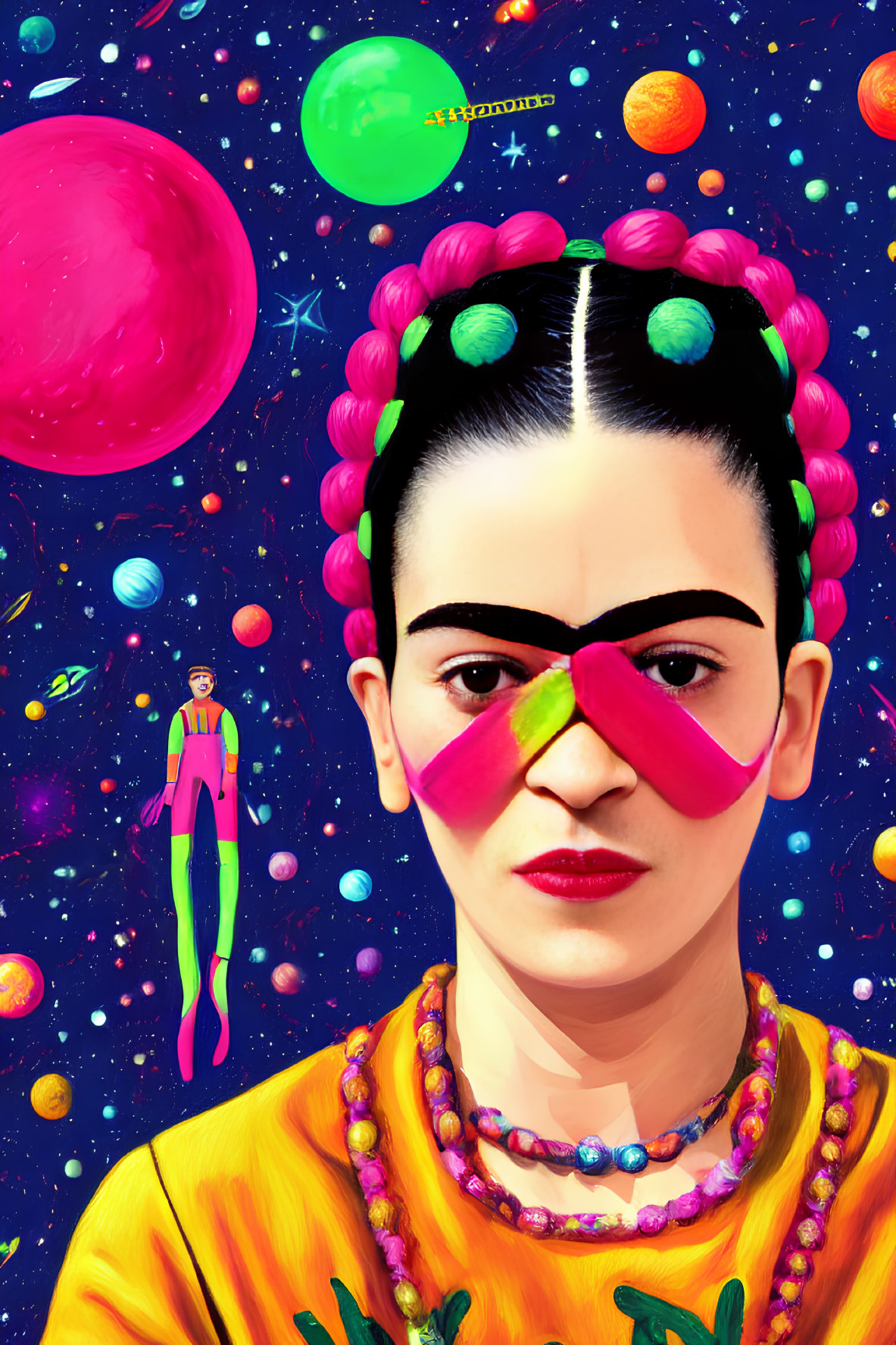 Vibrant space-themed illustration with woman, planets, and superhero.