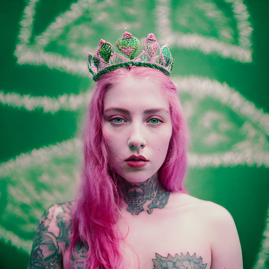 Pink-haired woman with green crown and tattoos on leafy green background