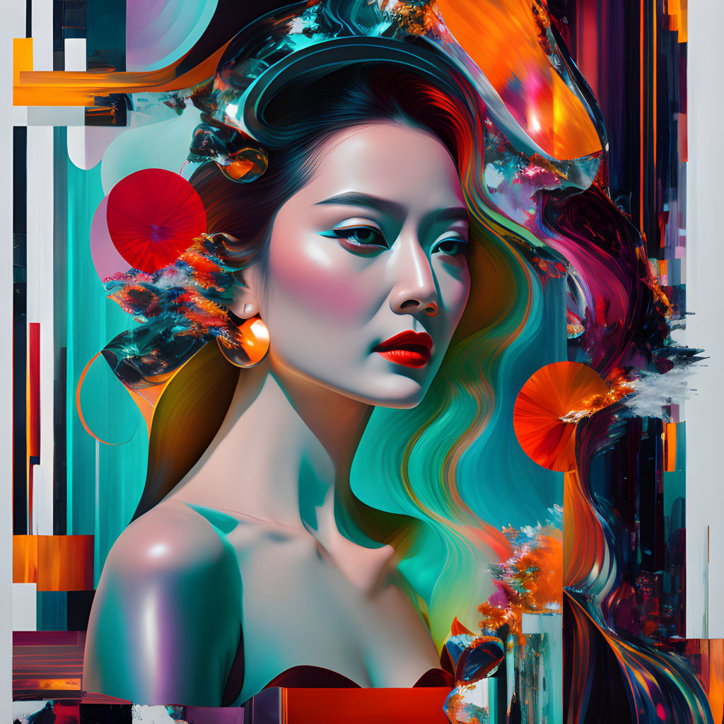 Vibrant Abstract Digital Art Portrait of Woman