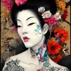 Geisha portrait with floral motifs, vivid makeup, and tattooed skin among colorful flowers.