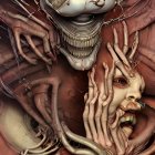 Surreal digital artwork: humanoid figure with exaggerated mouth & distorted features surrounded by worm-like tendrils