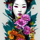 Geisha portrait with vibrant makeup and colorful brushstrokes