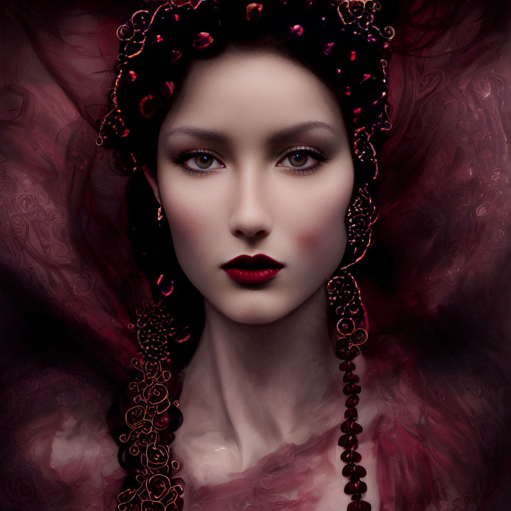 Woman portrait with striking makeup and red swirls and beads.